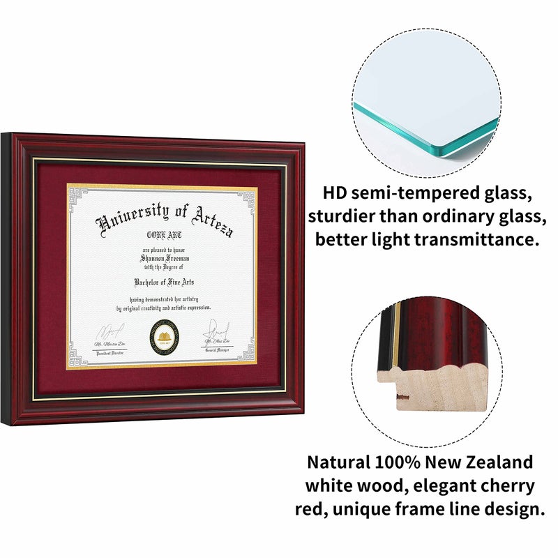 CORE ART 11x14 Diploma Frame Display Certificates 8.5 x 11 with Red Mat or Documents 11 x 14 without Mat, College Degree Wooden Frame with Tempered Glass for Wall and Tabletop Display(Cherry Red) - Image 2